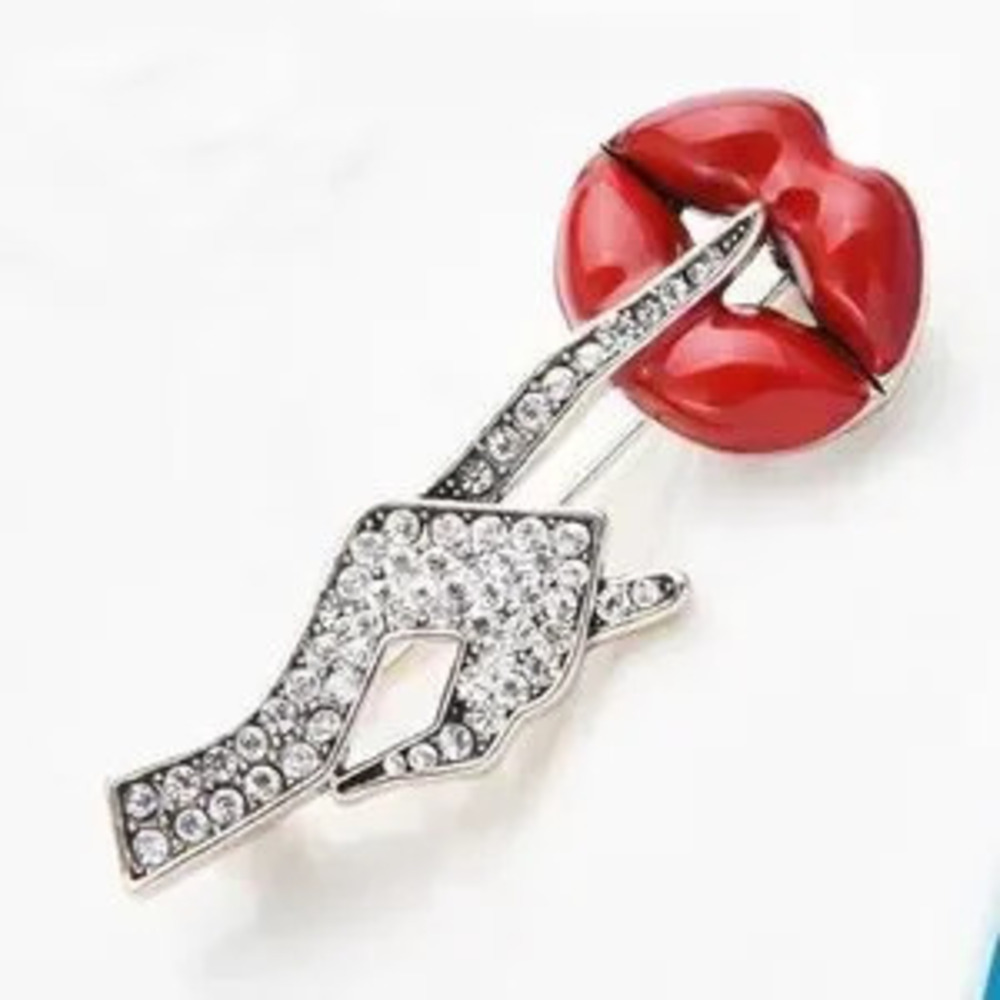 Red Lip & Rhinestone Hand Brooch - Women Jewelry